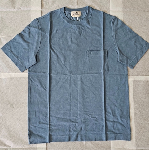 Hermes men's bleu grise piqures sellier" short sleeve t-shirt - Picture 1 of 6